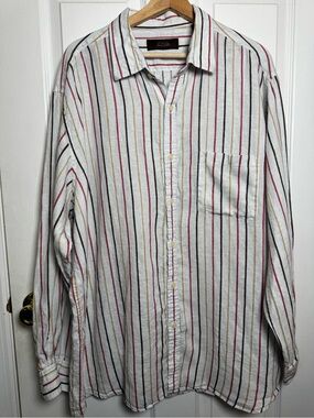 Tasso Elba 100% Linen Striped Button Front Shirt XXL Coastal Beach Cover Up
